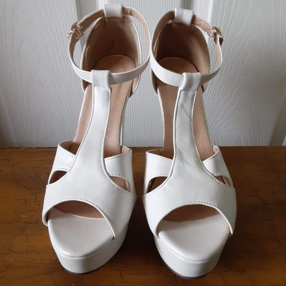 White platform heels with red sole